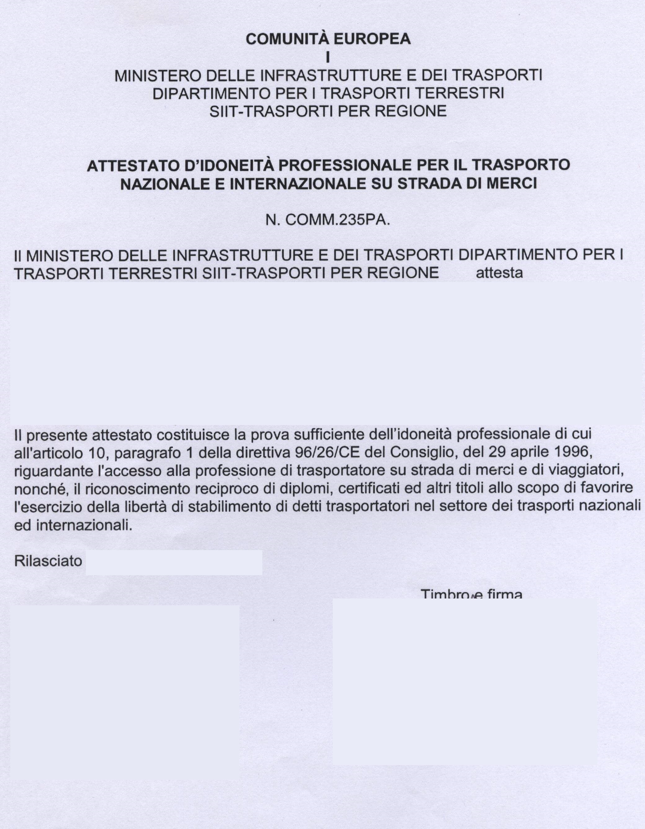 Attestato Idoneità Trasporto