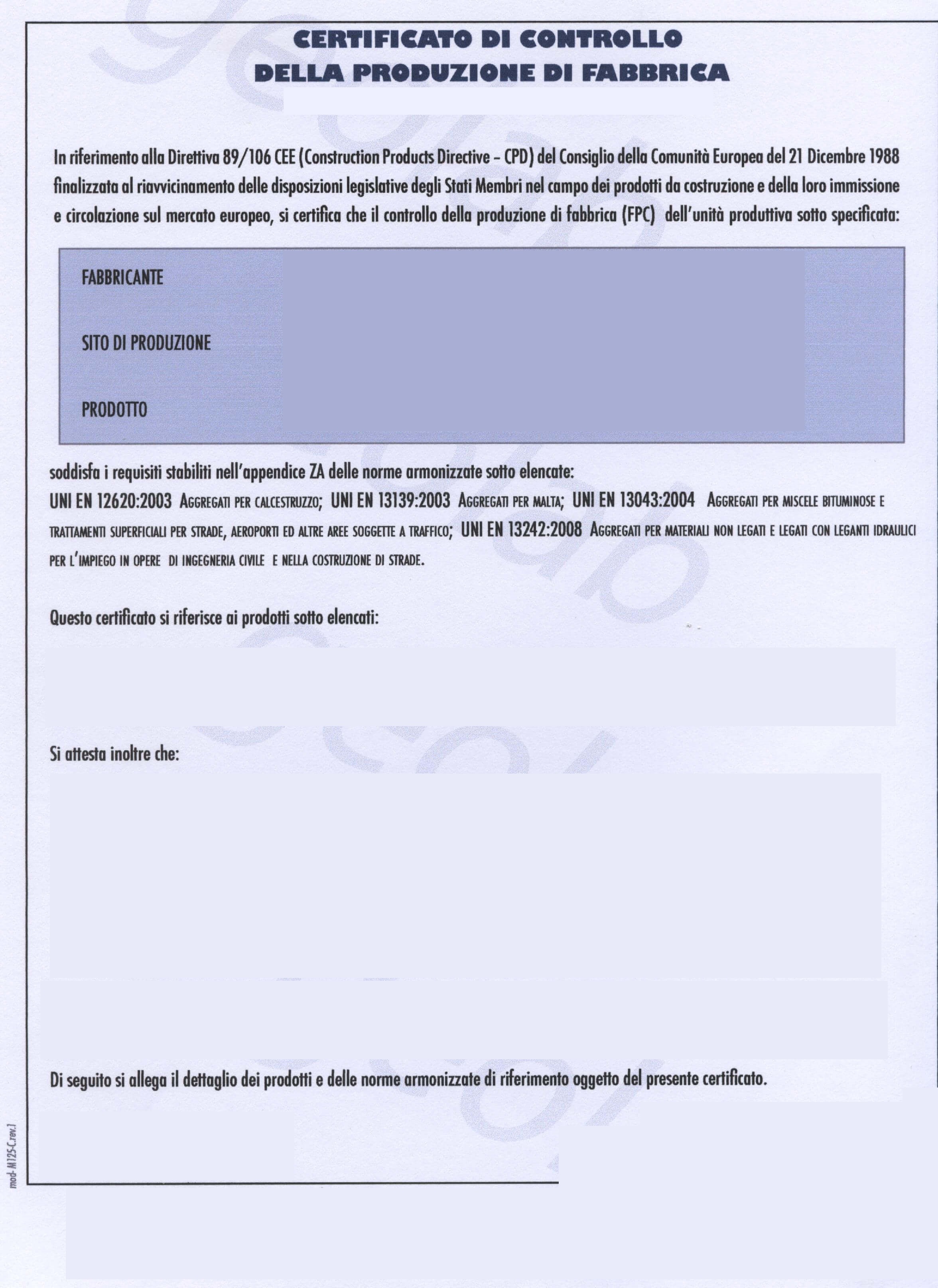 Certificato Controllo Produzione